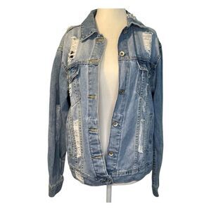 Cherry Koko Destroyed Denim Trucker Jean Jacket Distressed Blue Medium Wash M